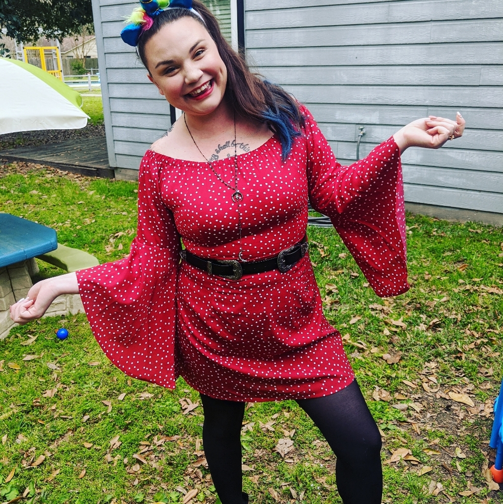 Red bell sleeve dress